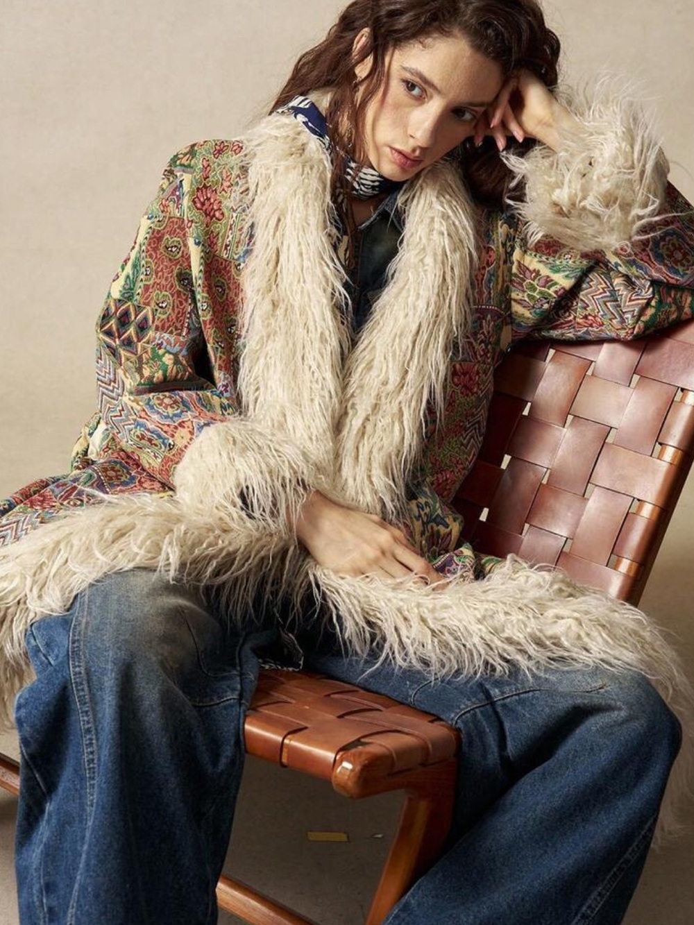 Women's Retro Jacquard Faux Fur Coat, Fashionable For Autumn/Winter